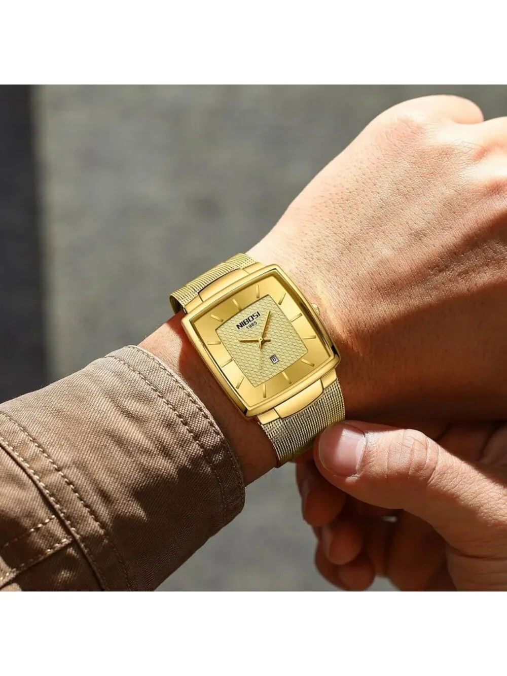 Nibosi Men's All Gold Square Analog Quartz Stainless Mesh Strap Waterproof Watch